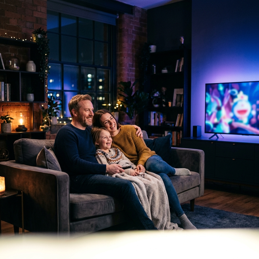Family watching strimiotv on TV