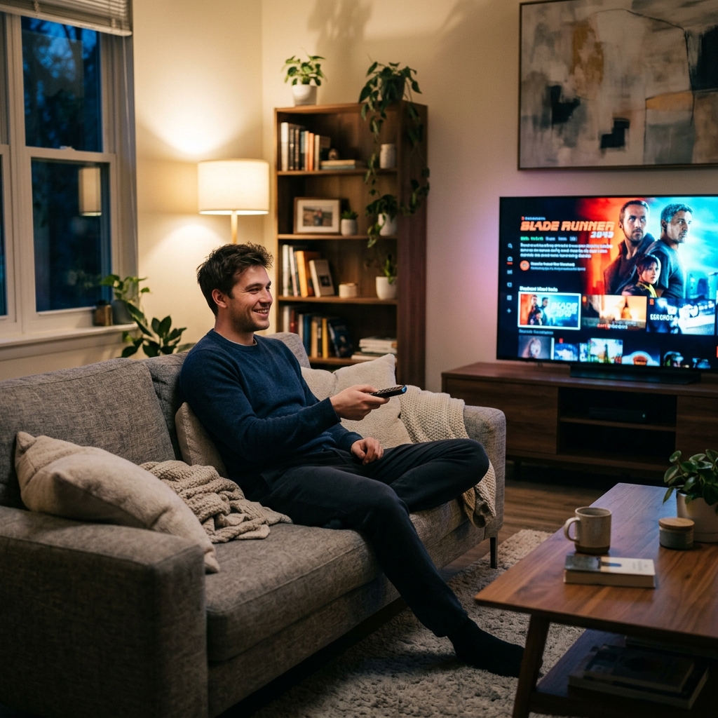 Man choosing strimiotv plan on TV